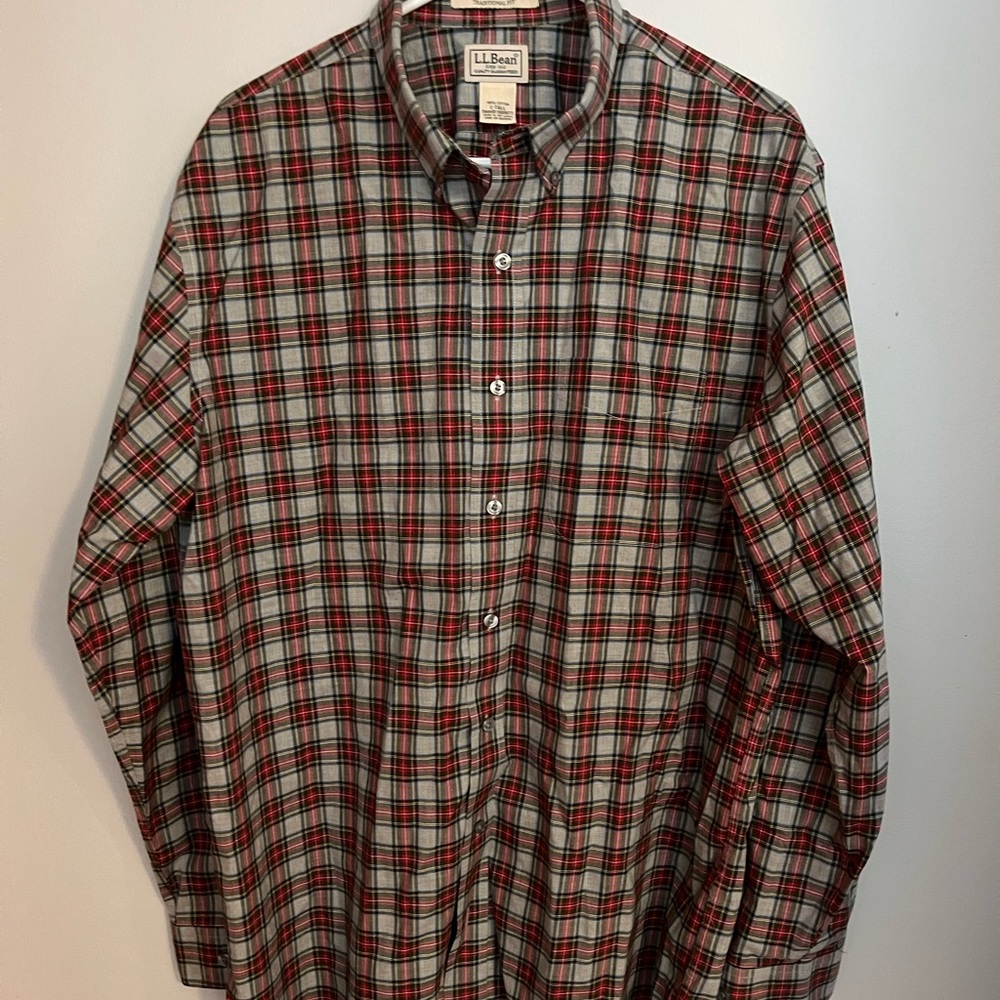 L.L. Bean Traditional Fit Wrinkle Free red‎ plaid button down Size L Tall